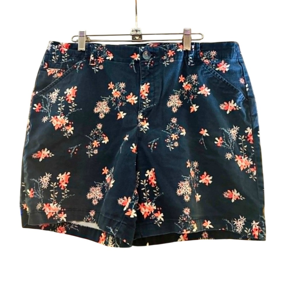 Lee Floral Shorts Womens 14 Navy Blue Straight Fit Stretch Cotton Bermuda Preppy